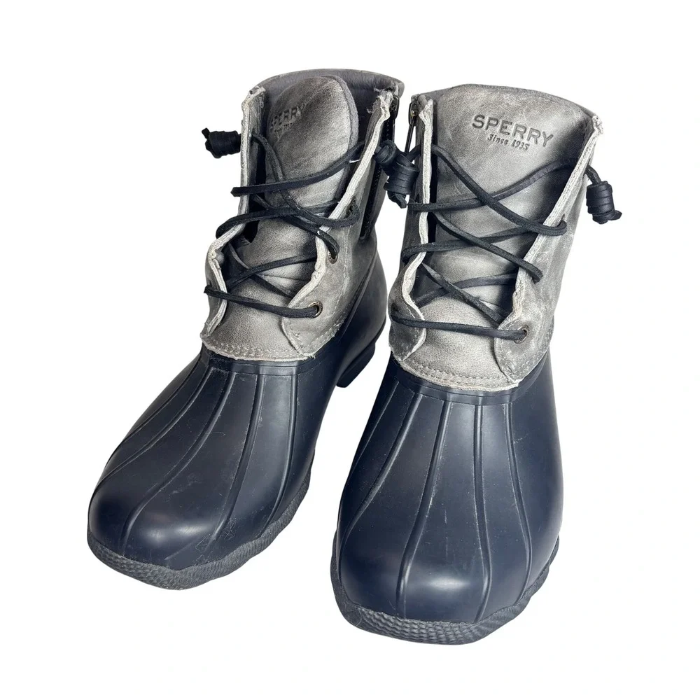 Sperry Saltwater Duck Boots‎ Gray Black Leather Rubber Rain Winter Womens 9.5
